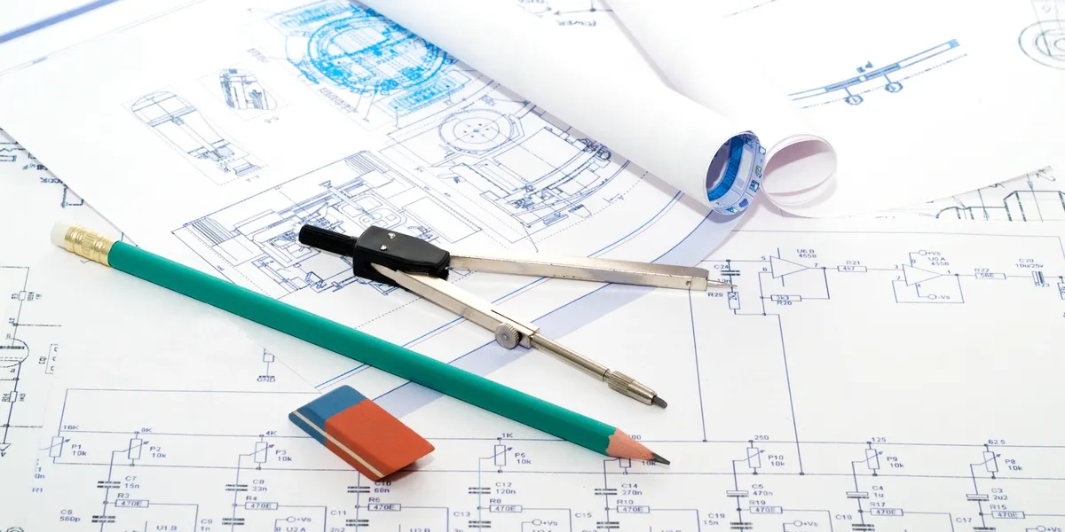 A pencil, ruler and pair of compasses on top of some blueprints.