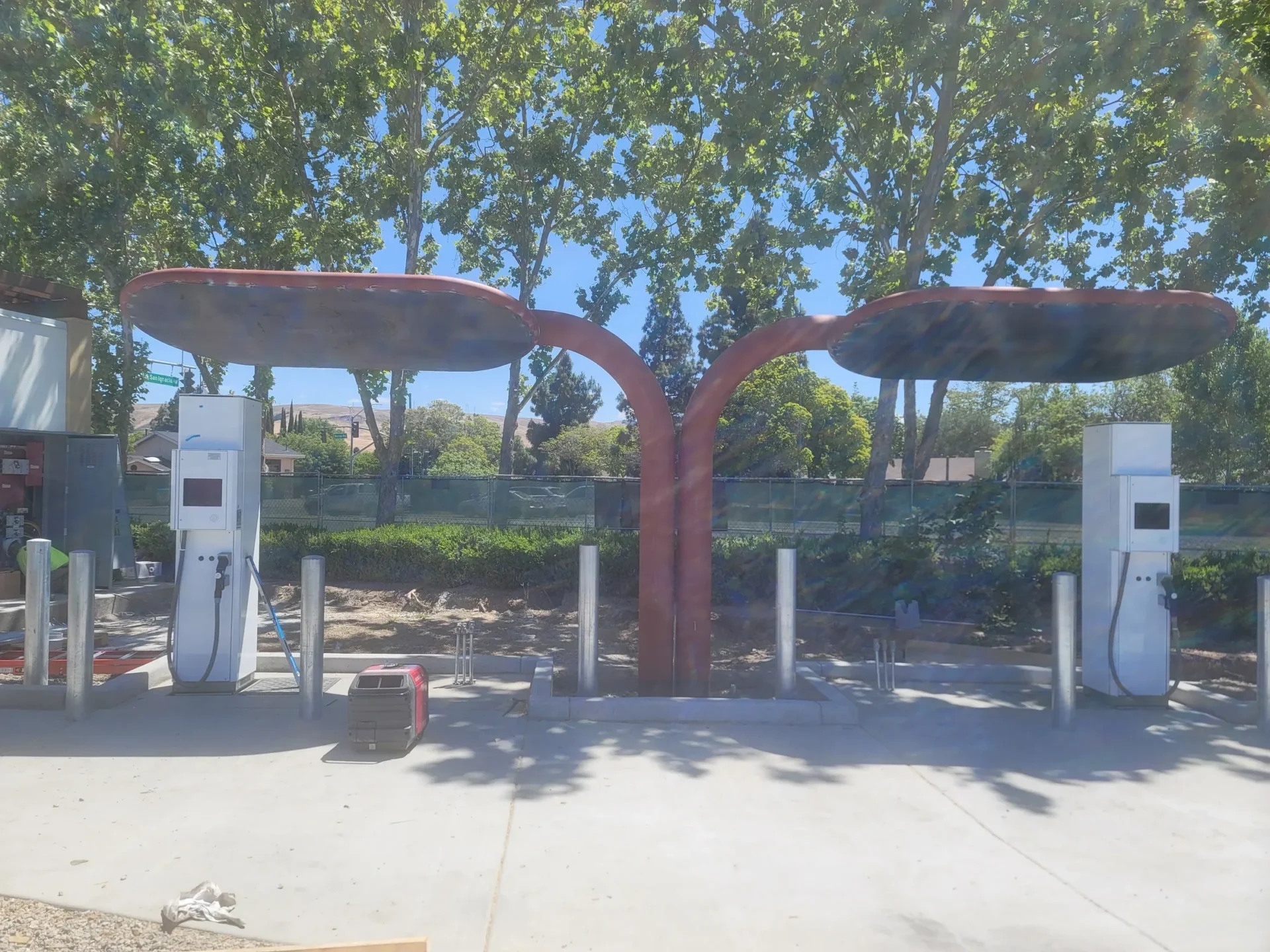 A red tree is in the middle of an empty parking lot.