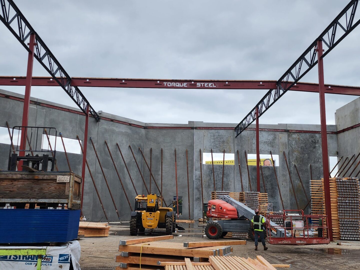 A construction site with workers and machinery.